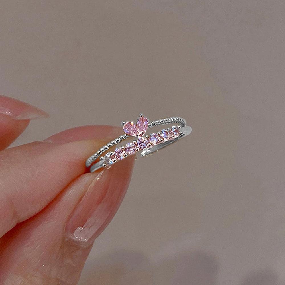 2PCS/1set Aesthetic Elegant Dainty Crystal Heart Rings Women Girls Gold Color Stackable Delicated Love Finger Ring Set Jewelry