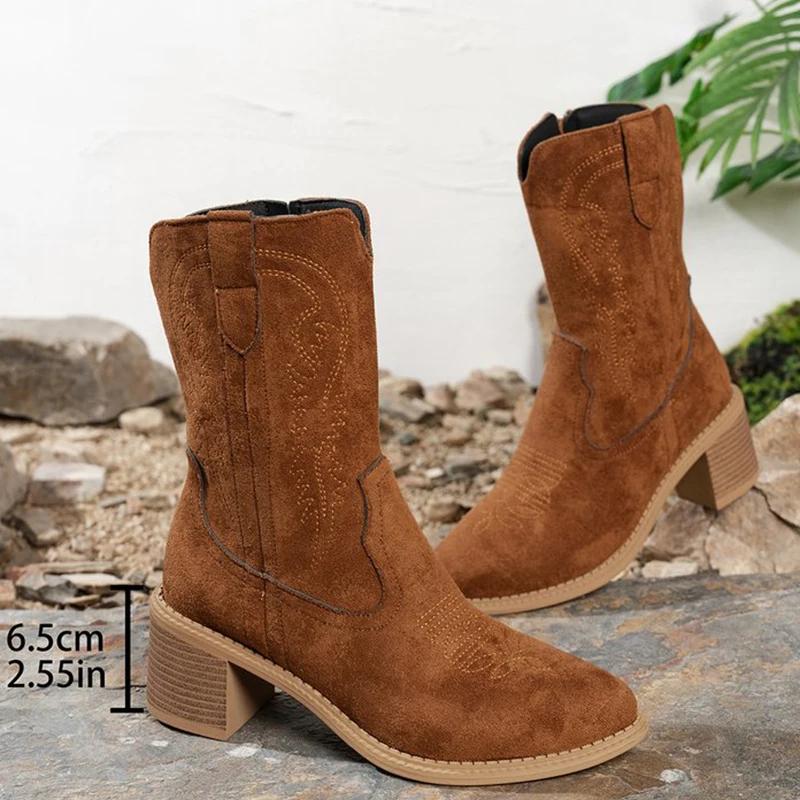 Retro Dark-Brown Embroidery Ankle Boots for Women Autumn Winter Zip High Heel Women's Boots Comfortable Suede Booties Woman