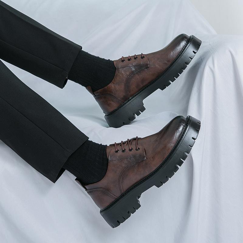 European and American Leather Shoes Men's Outdoor Street Commuting Casual Shoes Spring and Autumn New Fashion Retro Heightening Platform Business Men