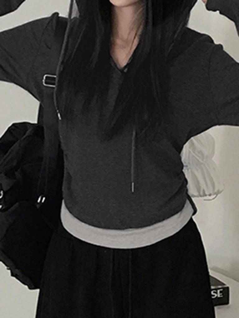 Casual Color Block Hooded Knit T-Shirt with Cinched Waist Long Sleeves