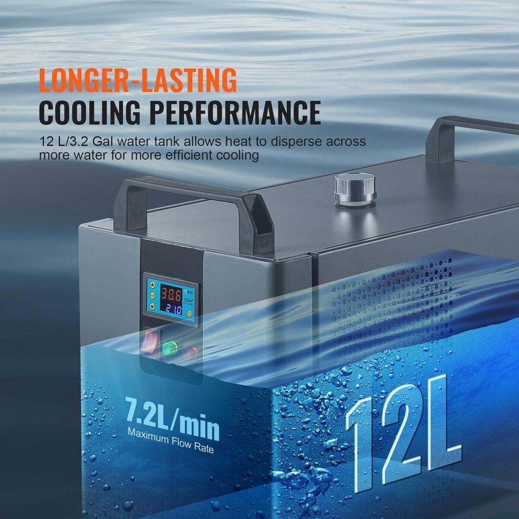 Industrial Water Chiller Laser Chiller Cooling System with Built-in Compressor 12L Water Tank Capacity, 7.2L/min Max.Flow Rate, 200W Cooling Capacity