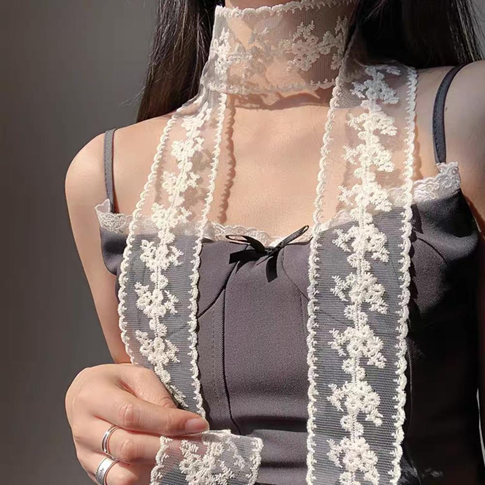 White Flower Lace Decorative Necklace Lace Long Ribbon Scarf Neckerchief Head Wrap Scarves Floral Embroidery Hair Scarf Soft