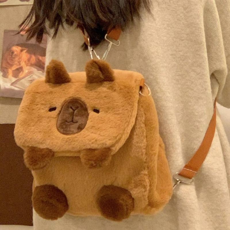 Cartoon Plush Capybara Animal Backpack for Teens Multiple Pockets Student School Bag Zippered Crossbody Shoulder Bag