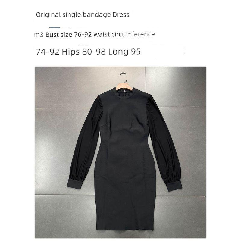 

New Arrival High Elastic Thread Bandage Solid Color Fashion Silm Mesh Sleeves round Neck Sheath Dress W35 Black M