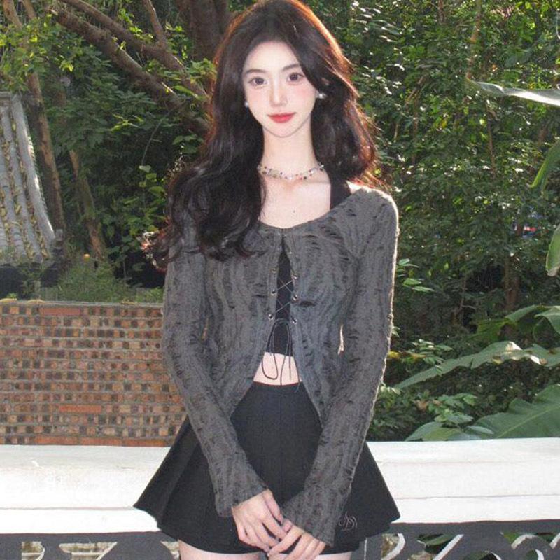 Wasteland wind fake two-piece neck strap slim long-sleeved T-shirt dark cool sa hot girl top women