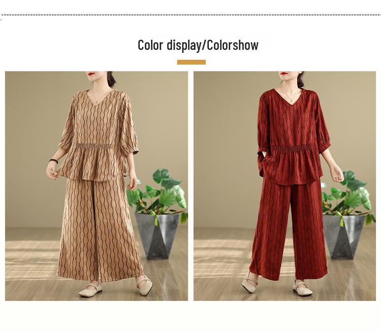 Real Shot 2025: Chic Slimming Plus-Size Summer Two-Piece Set with Light Mature Style and Wide-Leg Pants
