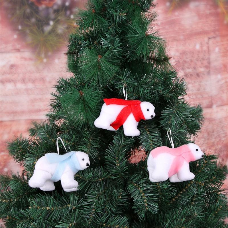 Plush White Bear with Scarf Ornaments Christmas Doll Pendant for Christmas Tree Home Decorations Cartoon Pendants Gift