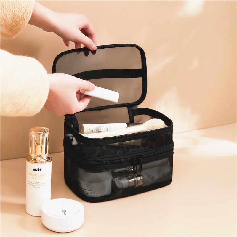 Double-Layer Nylon Mesh Travel Cosmetic Bag - Large Capacity, Transparent, Handheld Toiletry Organizer