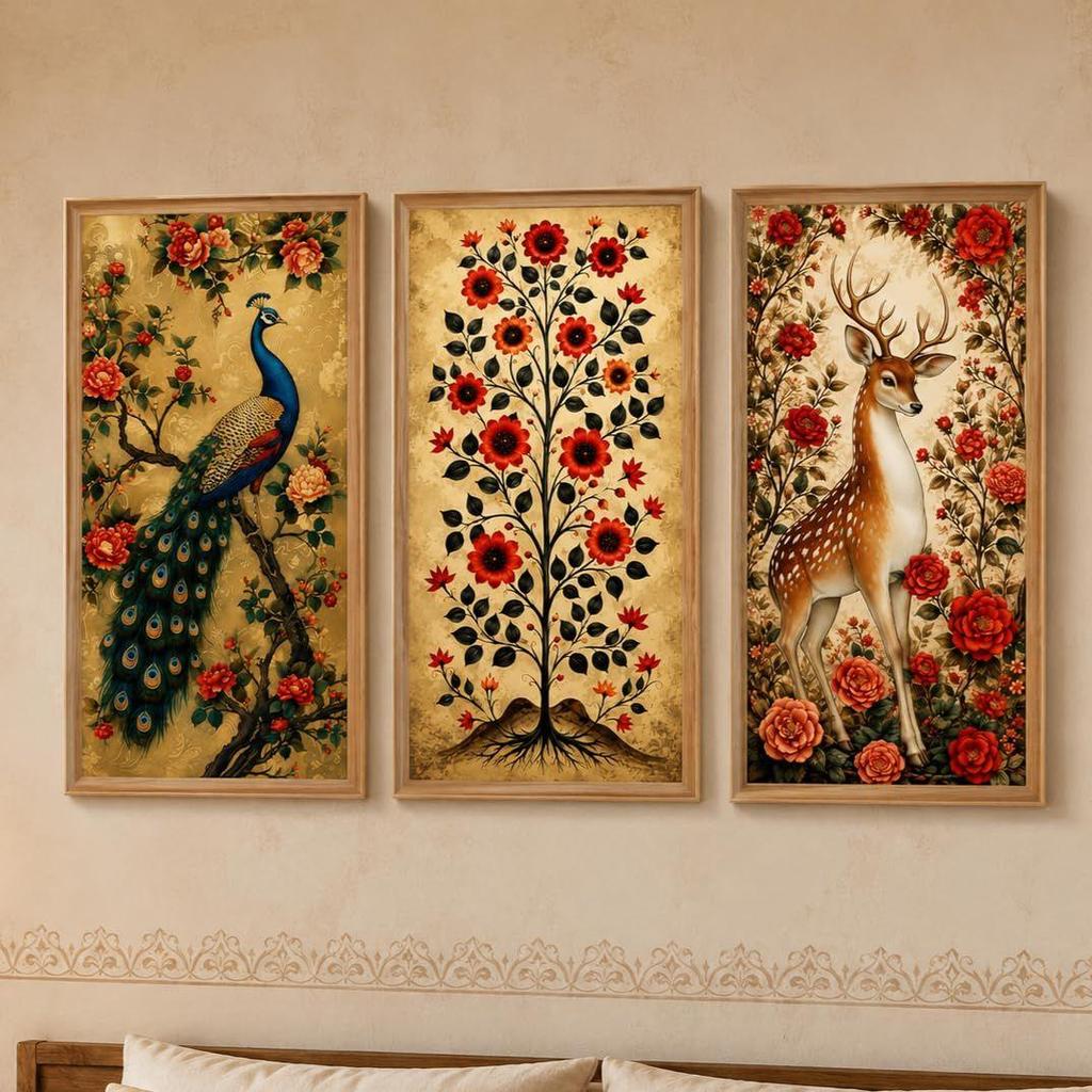 Livin'luxe Set of 3 Peacock Floral Tree Deer Wall Paintings with Sparkle Laminate, Premium Wooden Synthetic Frame, Vintage Botanical Art