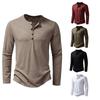 Camisa masculina de algodão com botões e gola Henley, manga comprida, casual, com botões, cor sólida, camisetas da moda