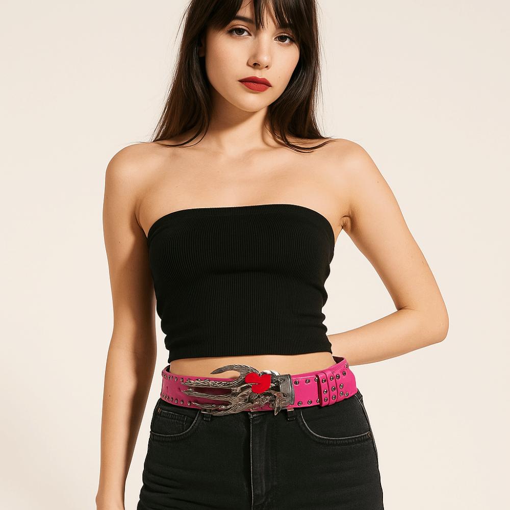 American Punk Skull Rivet Belt Skeleton PU Leather Waistbands Fashion Love Hand Palm Belt  Daily