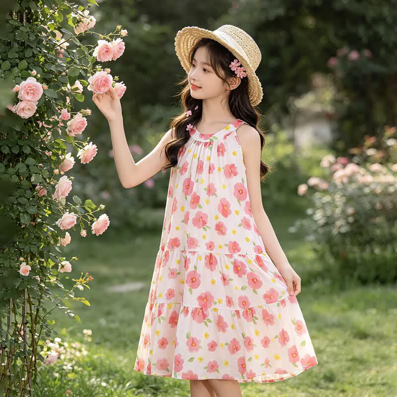 Xiao Yinman Girls' Floral Sleeveless Cotton A-line Dress