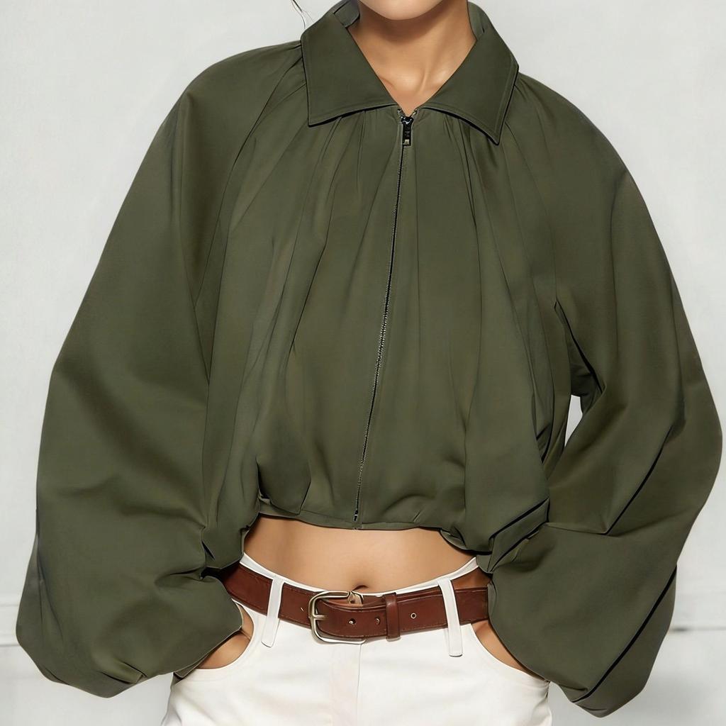 Women's Balloon Sleeve Zip Front Cropped Bomber Jacket with Turn Down Collar and Pleated Hem for Casual and Streetwear