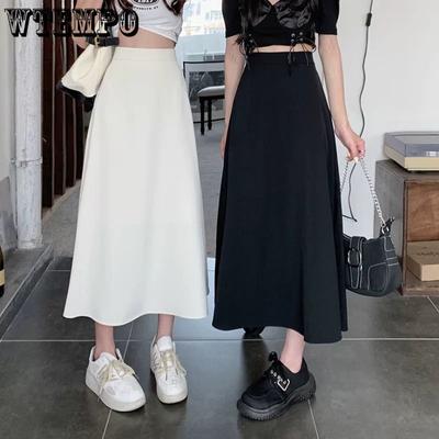 Falda de media longitud Versión coreana de verano para mujer El temperamento negro muestra cintura alta delgada Columpio grande Una línea que cuelga Sensación Falda de longitud media