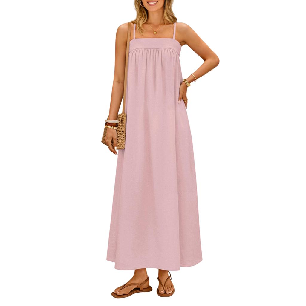Women's Long Dress Sling Linen Sun Dress Casual Beach Holiday Long Dress