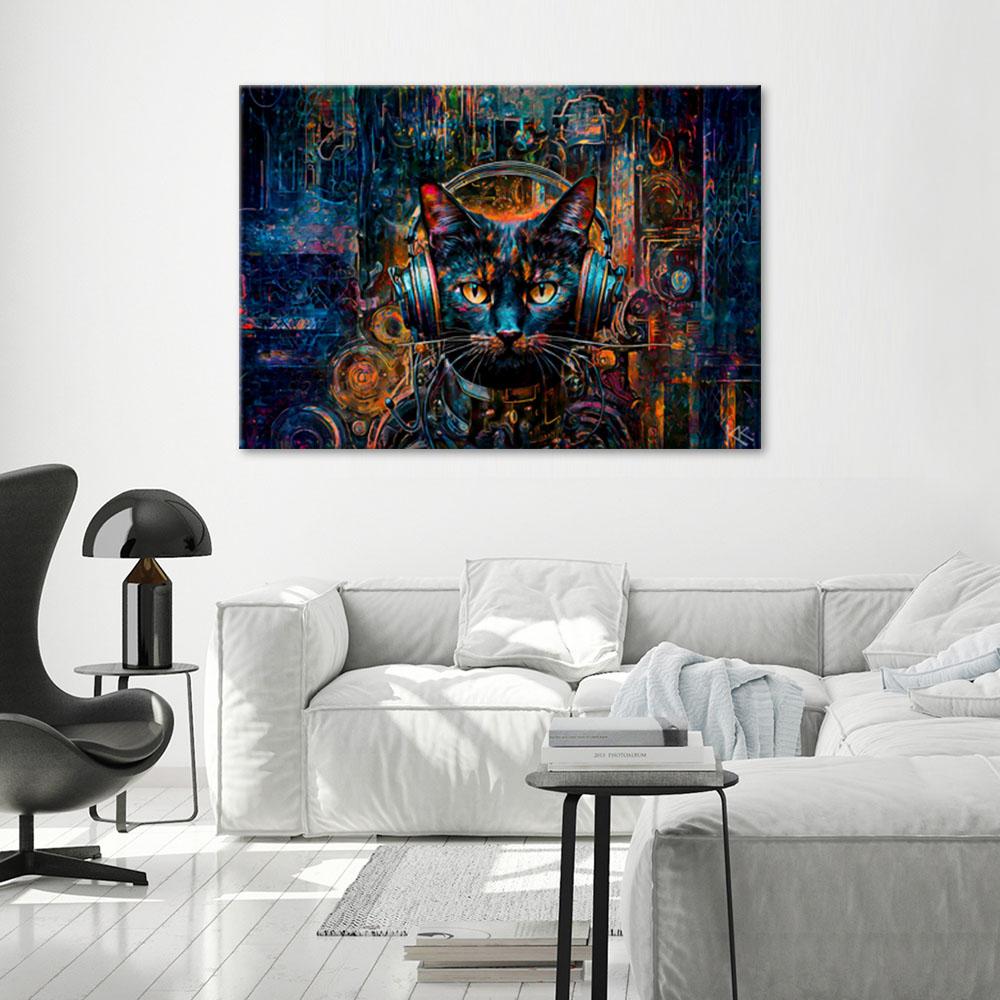 Canvas print, DJ cat in abstract colors