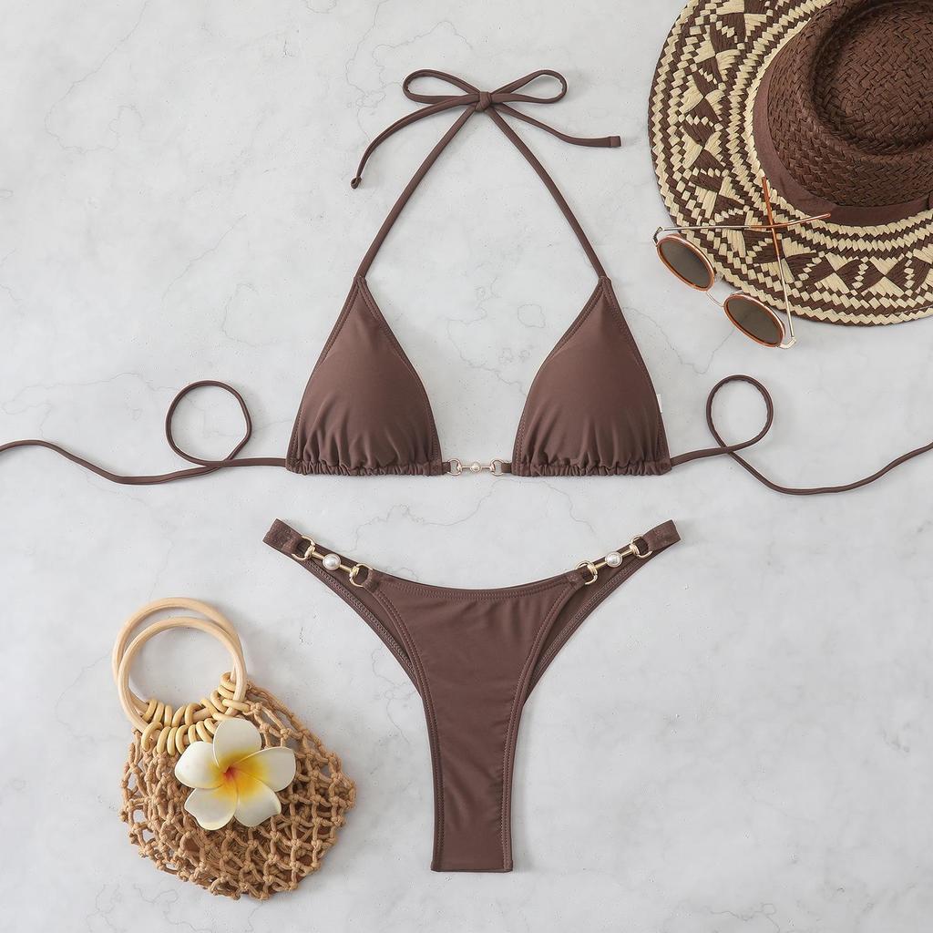 European & American Women's Solid Color Lace-Up Halter Triangle Bikini - Sexy Two-Piece Swimsuit