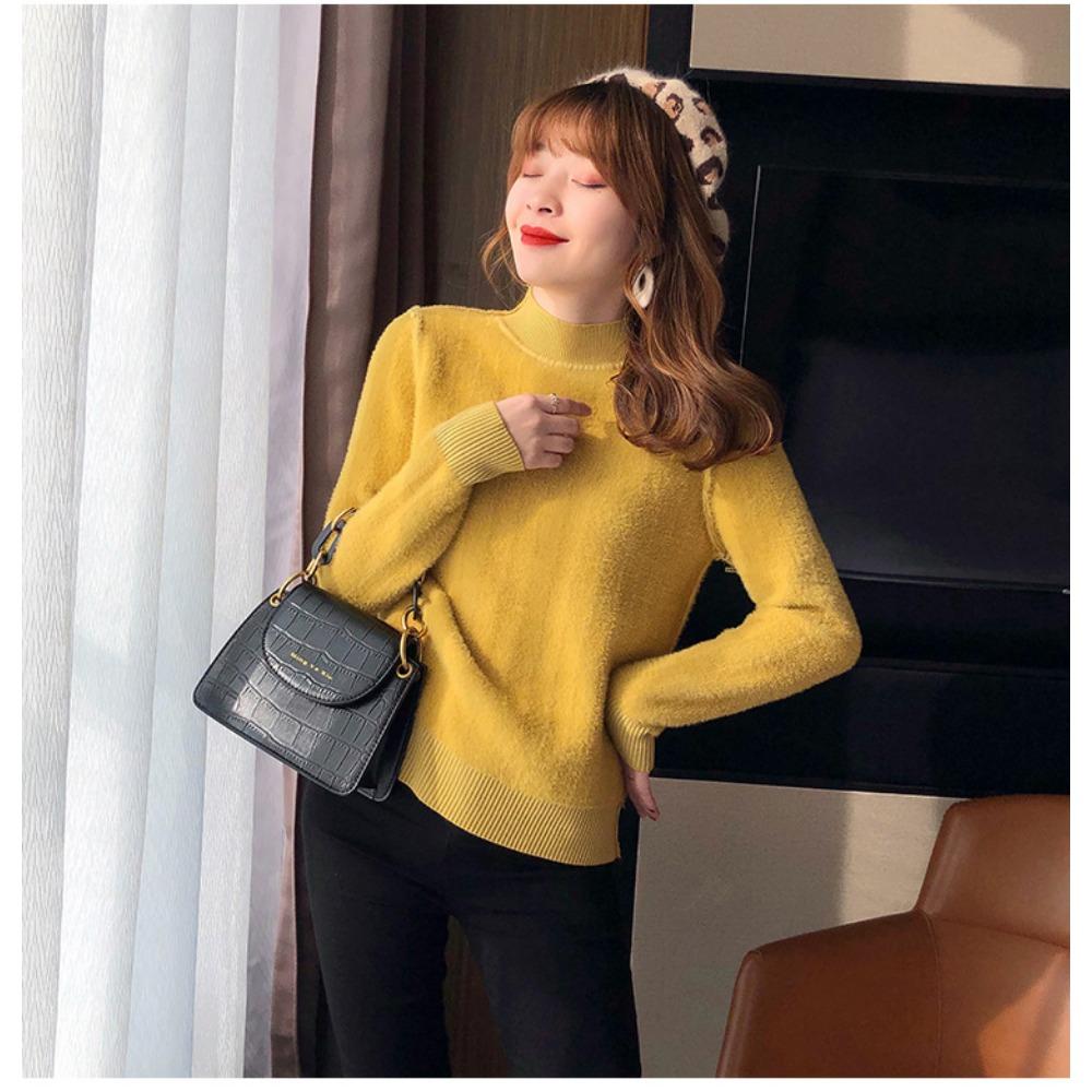 Autumn and Winter Women's Padded Thickened Sweater Single Layer Mid-collar Half-high Neck Knitted Bottoming Shirt Mink Warm Tops