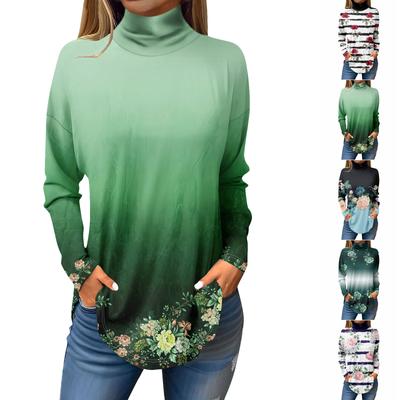 Tee Shirts For Women Fall Casual Long Sleeve Shirts Sweatshirt Vintage Printed High Neck Top Pullover