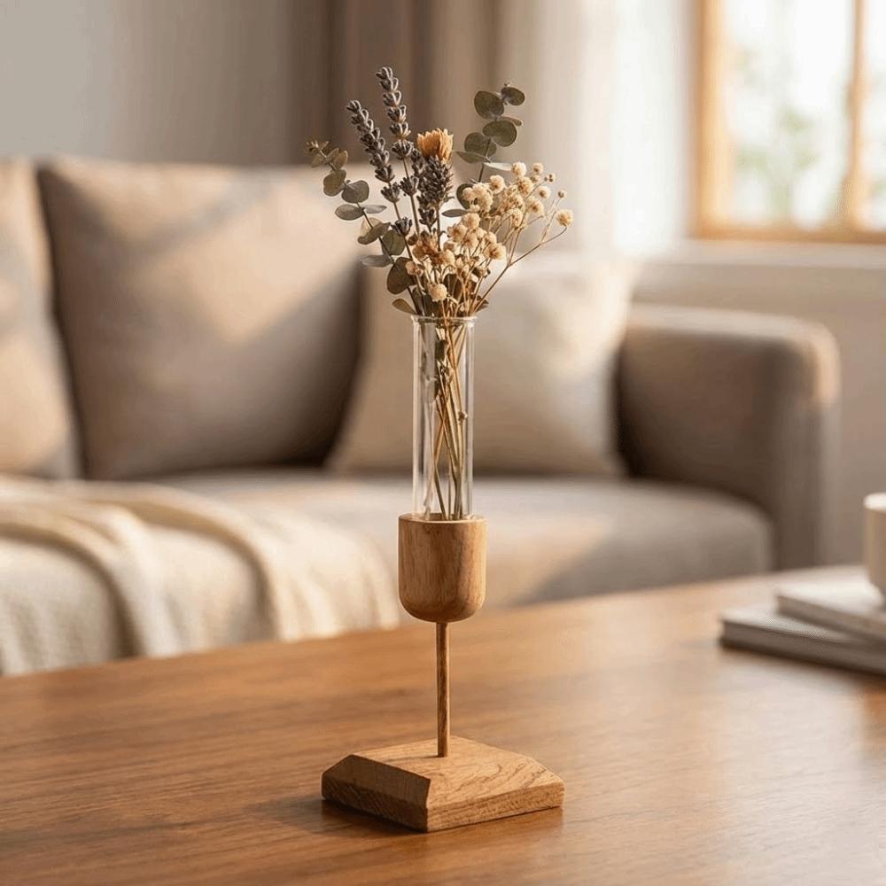 Kreative Hydrokultur-Pflanzenvase Holzsockel Minimalistische Glas-Blumenvase Einfacher Eleganter Blumenarrangement-Behälter Trockenblume