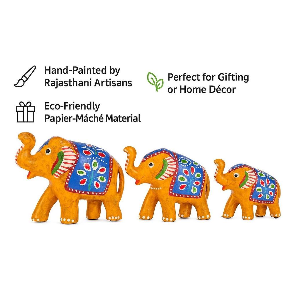 Paper Mache Elephant Showpiece for Enhance Home Decor - Yellow (Set of 3), Traditional, Artistic, Home Decor