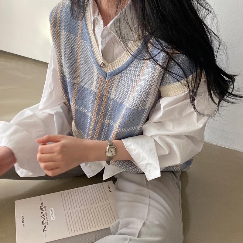 Contrast Patchwork Women's Knitted Vest Autumn New Style V-Neck Plaid Jumper Retro Loose Sweater Vests