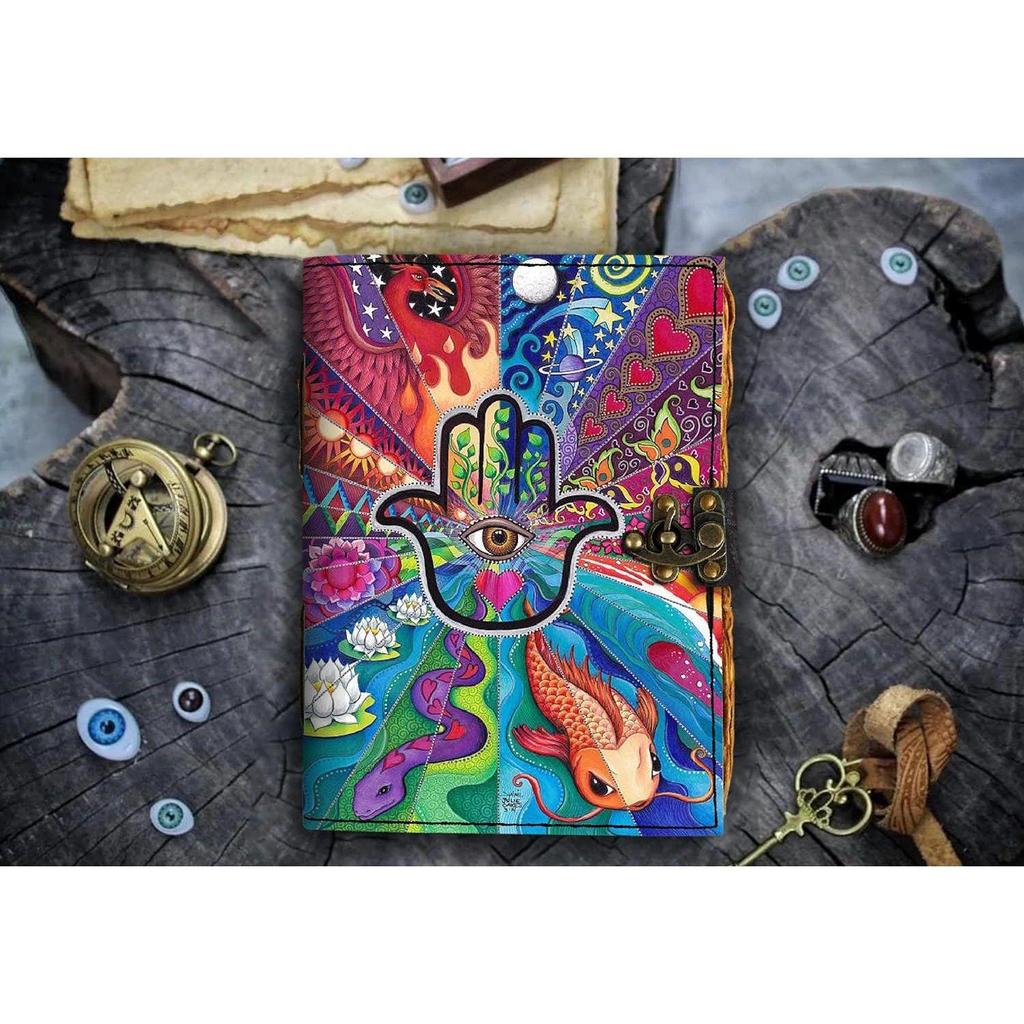 Leather Hamsa Hand Printed Diary Vintage Old Pages Diary for Office & Personal Use (7 X 5 Inch)