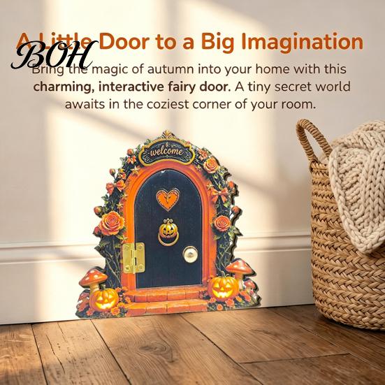 Openable Miniature Door Ornament Halloween Mouse Hole Wall Decoration, Retro Arched Fairy with Pumpkin Tale Garden & Flower Decor, for Holiday