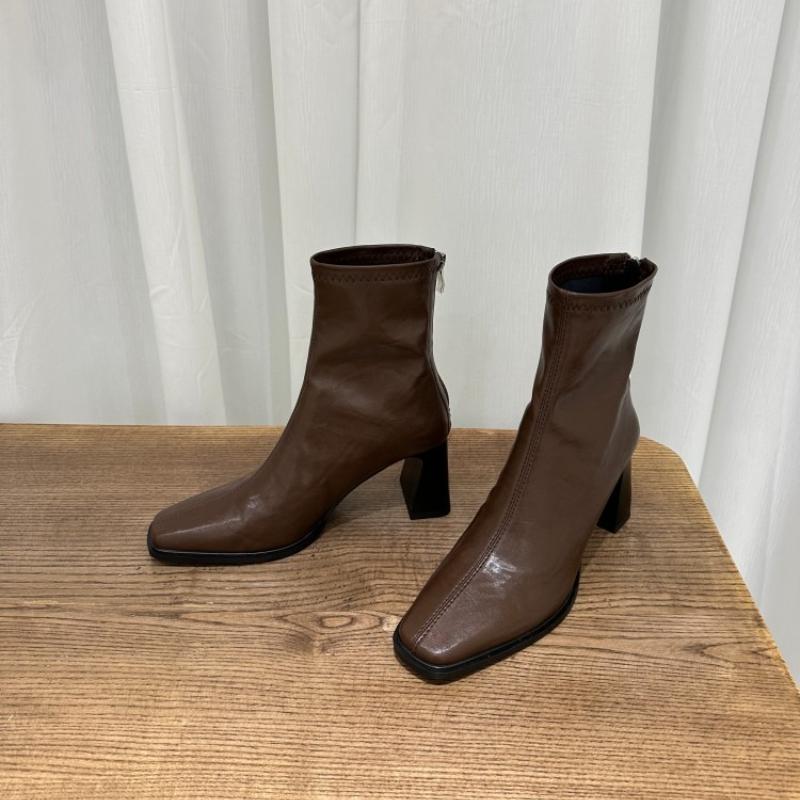 Vintage Square Toe Dick Absatz Damen Stiefelette Mode Square Toe Damen Elastische Schlanke Kurze Stiefeletten Herbst Winter Damen Schuhe