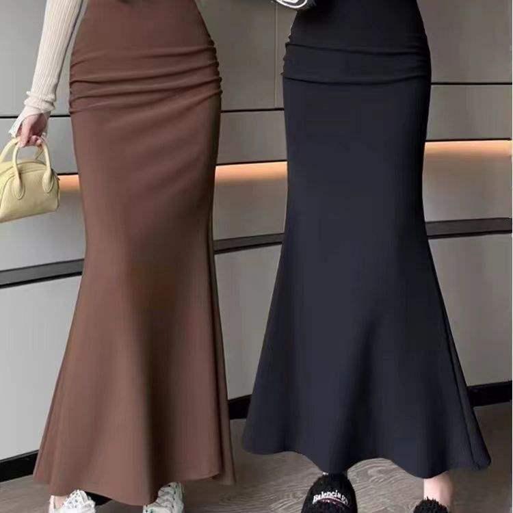 Elegant High-Waist Midi Fishtail Skirt for Women - Spring/Autumn A-line Drape Skirt