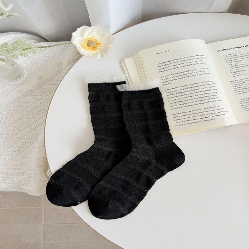Women's Japanese-Style Lace Trim Mulberry Silk Socks - Sweet, Thin, Mid-Calf, Seamless, Hollow Design for Spring/Summer.