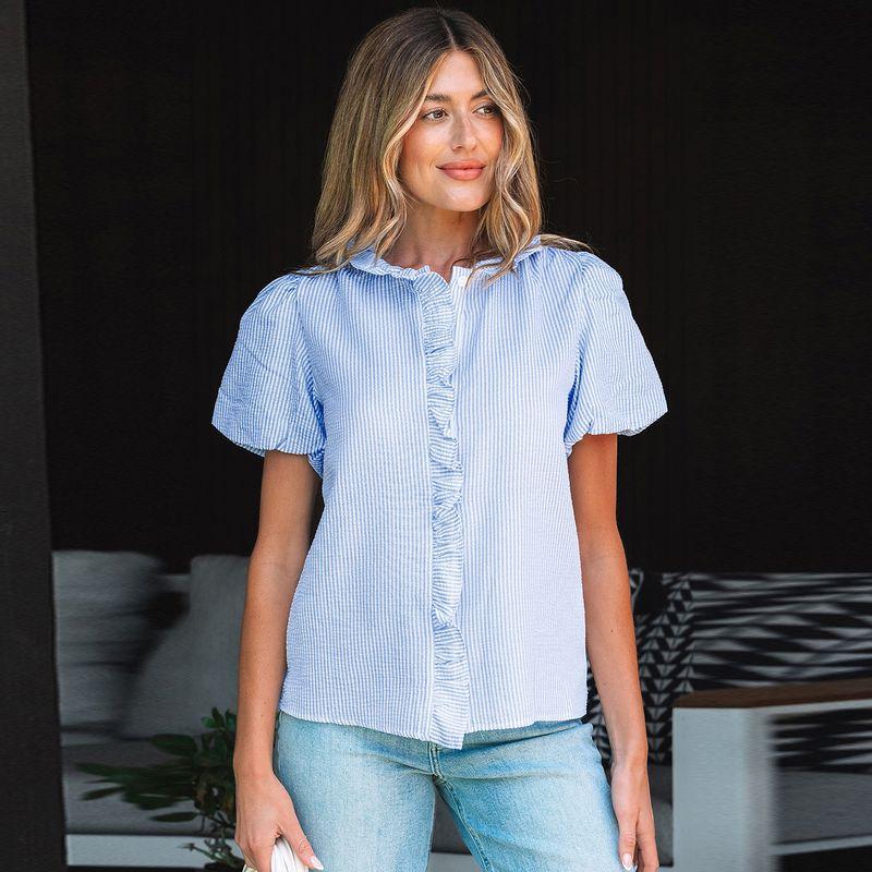 

Dear-Lover Рубашка с оборками, белыми полосками, с короткими рукавами, женская, летняя, свободного кроя, повседневная, на пуговицах, тонкая Light blue P804 S code fits (45.00 kg-55.00 kg