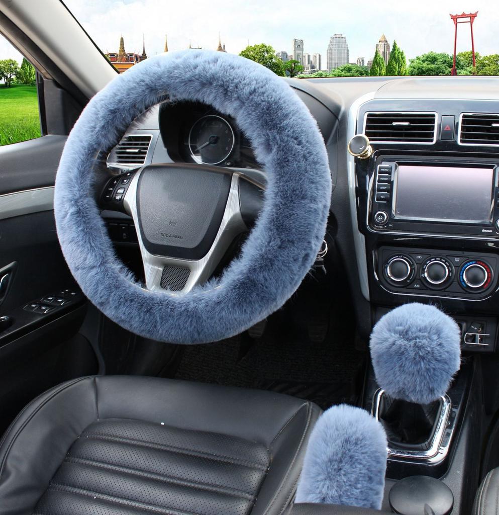 Car Steering Fur Wheel Cover Gear Shift Handbrake Cover with Winter Warm Wool Fashion for Girl Women Ladies