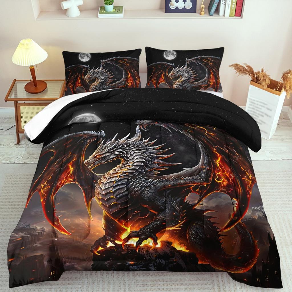 3Pcs Dragon Attacking Castle Bedding Set 3D Printed Medieval Gothic Duvet Cover Set For Bedroom Decor