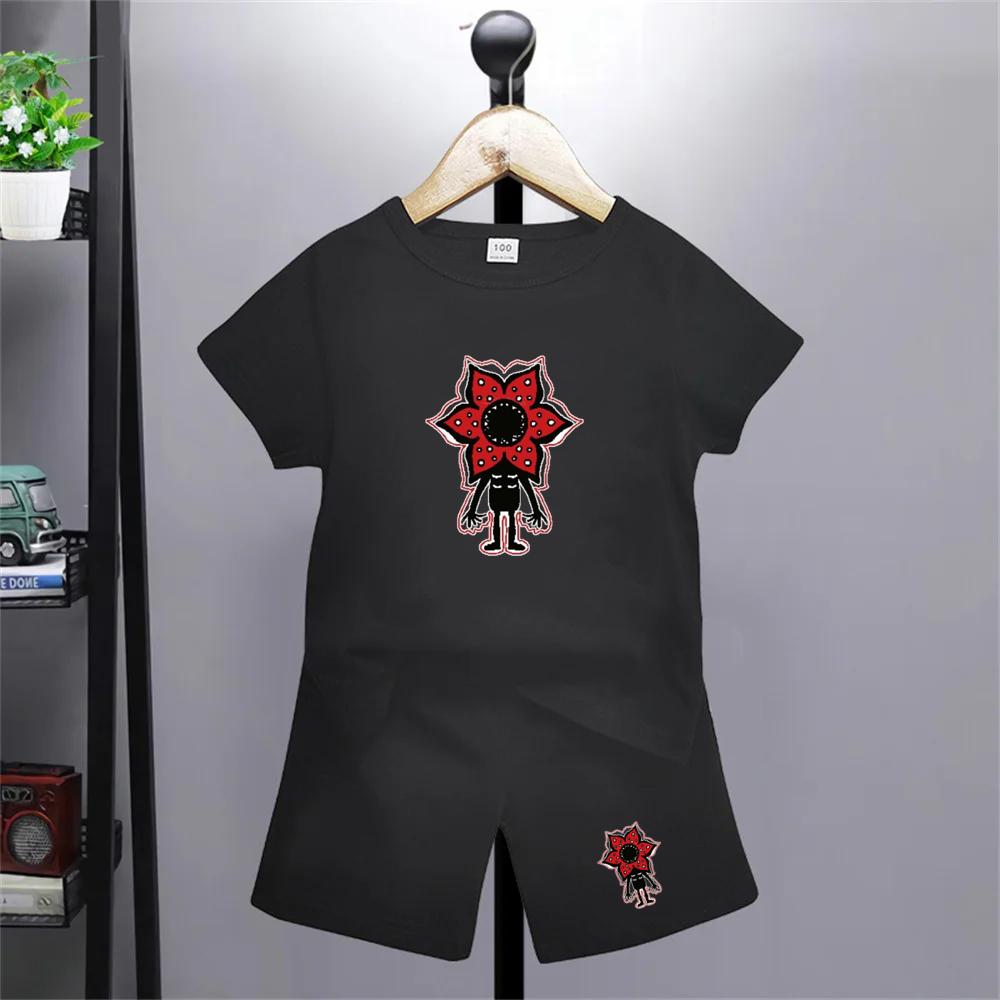 

Kids T-shirt Set Girls Boys Black 2-piece Set Casual Outfit Printed Summer Anime 100