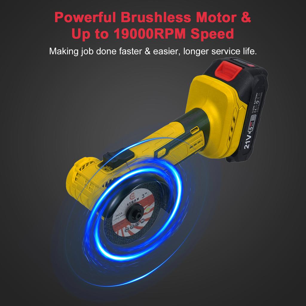 21V 19000rpm Brushless Angle Grinder with 2 Batteries, Portable Cordless Cutting Polishing Grinder, 7 Pcs Sanding