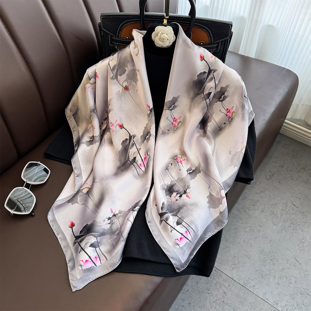 90×90Cm  Satin Shawl Design Flowers Silk Square Women Neck Scarves Wrap Headkerchief Beach Hair Band Women'S Bandana