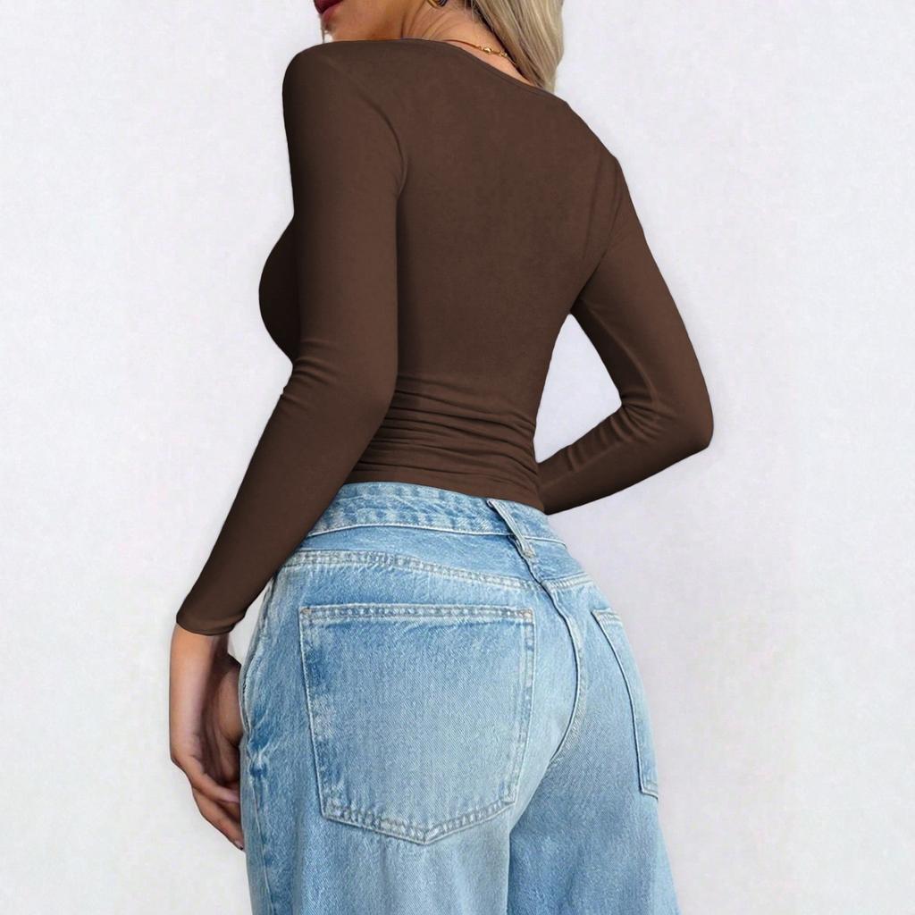 Ladies' Casual Fashion Solid Color U-neck Long Sleeved Base Shirt T-shirt Comfortable Top