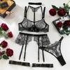 Toucheart 5 Piece Sexy Embroidery Underwear Set for Women Mesh Patchwork See-through Halter Underwear Garters Sexy Lingerie Set