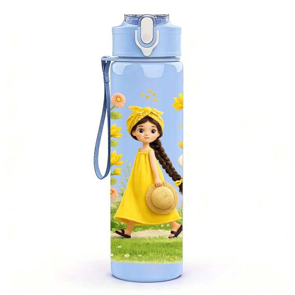 1PC Girl In Yellow Vintage Dress Print 750ml Color Plastic Sports Water Bottle Leakproof Flip Straw Lid Suitable for Sports Office Home Use