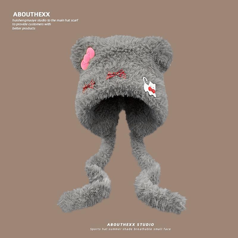 

Милые кошачьи шапки с медвежьими ушками и бантом, женская осенне-зимняя утолщенная теплая плюшевая шапка с защитой ушей, вязаная шапка-ушанка M（56-58cm）