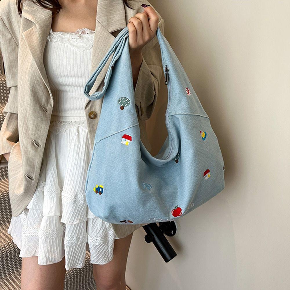 Sweet Women's Denim Shoulder Bag Large Capacity Messenger Bag Cute Embroidered Tote Bag Outdoor