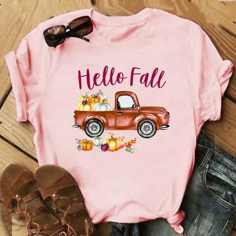Autumn Maple Leaf Halloween Thanksgiving Print ShortSleeved TShirt European American Style Aesthetic Top for Unisex Women