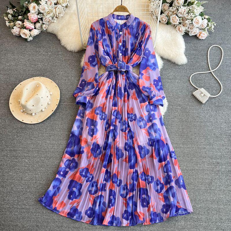 

Retro Long Sleeves Stand Collar Pleated Elegance Large Swing Dress Purple All yards