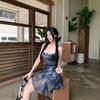Women's Summer Sexy Mini Dress Abstract Print Spaghetti Strap Crisscross Backless Irregular Hem Slim Fit Club Party Dress