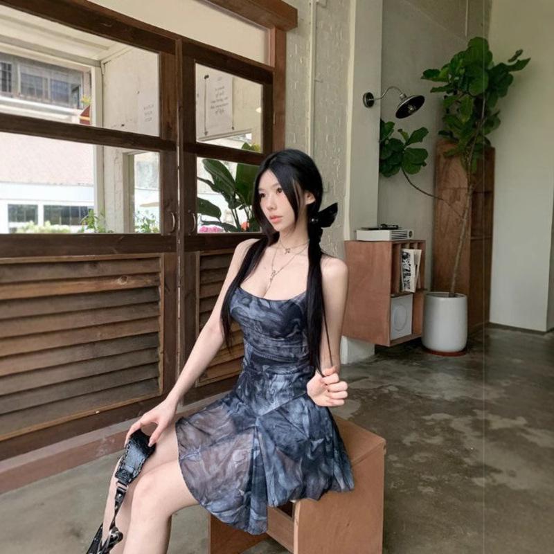 Women's Summer Sexy Mini Dress Abstract Print Spaghetti Strap Crisscross Backless Irregular Hem Slim Fit Club Party Dress