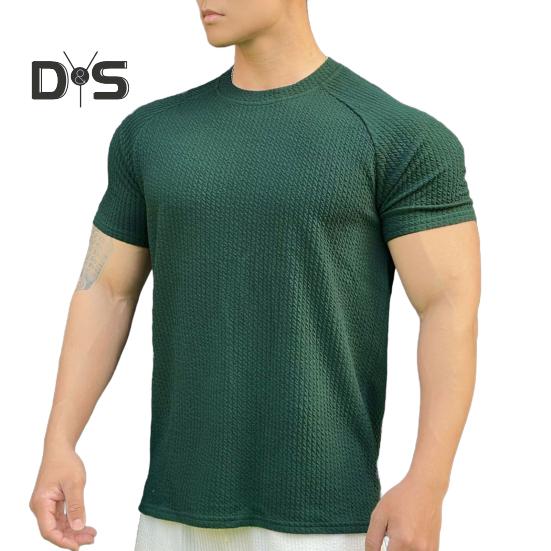 Men Summer Top with 3D Texture Round Neck Short Sleeves Loose Solid Color Muscular Men Sport T-shirt Daily Exercise Shirt