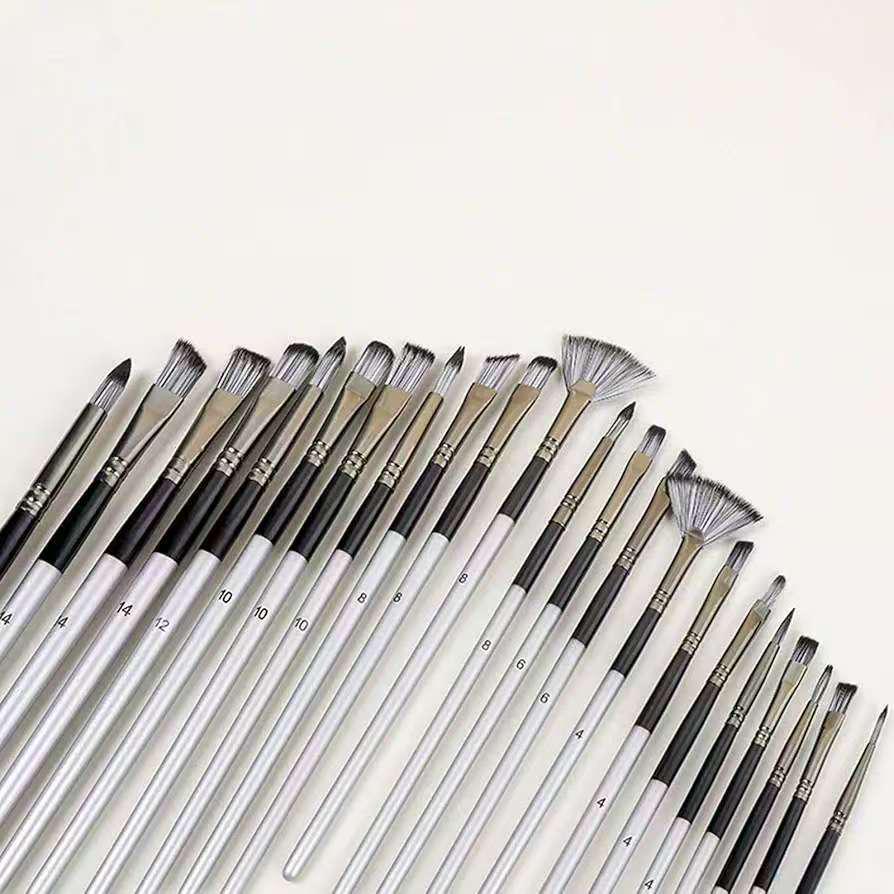 25-Piece Nylon Hair Paintbrush Set with Silver-Gray Handles for Oil, Gouache, and Watercolor Painting