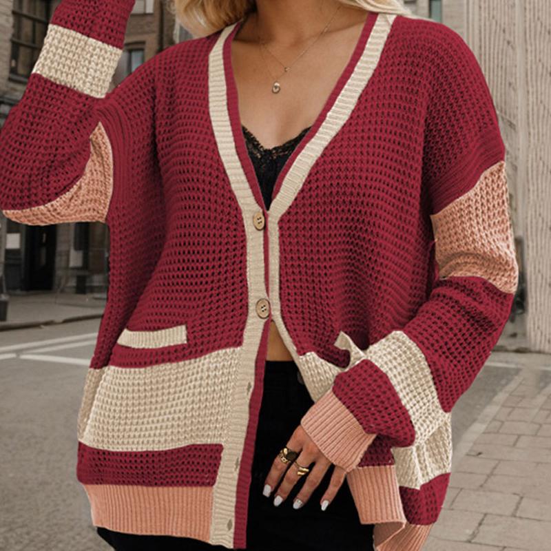 Women Fall and Winter Long Sleeve Color Block Loose Two Pocket Cardigan Button Knit Sweater Coadigan