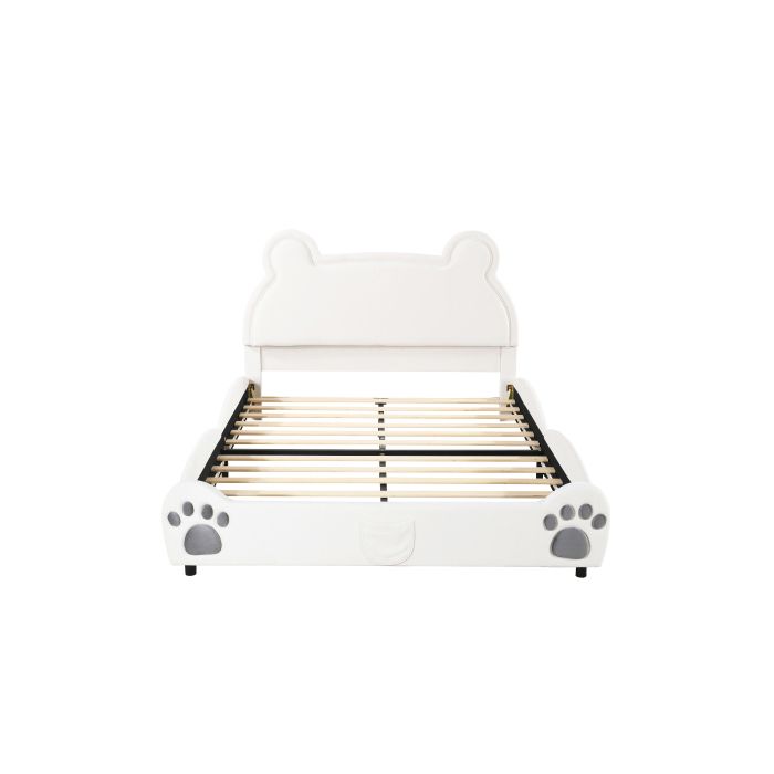 Lit rembourré Beau lit d'enfant, 140 x 200 cm, forme d'ours. Lit simple en velours doux pour la peau, blanc